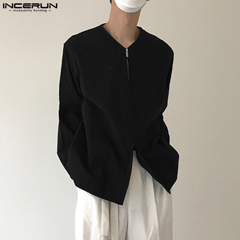 Incerun áo khoác khóa kéo cổ chữ v tay dài cho nam áo cardigan đi tiệc vừa vặn rộng thường nhật