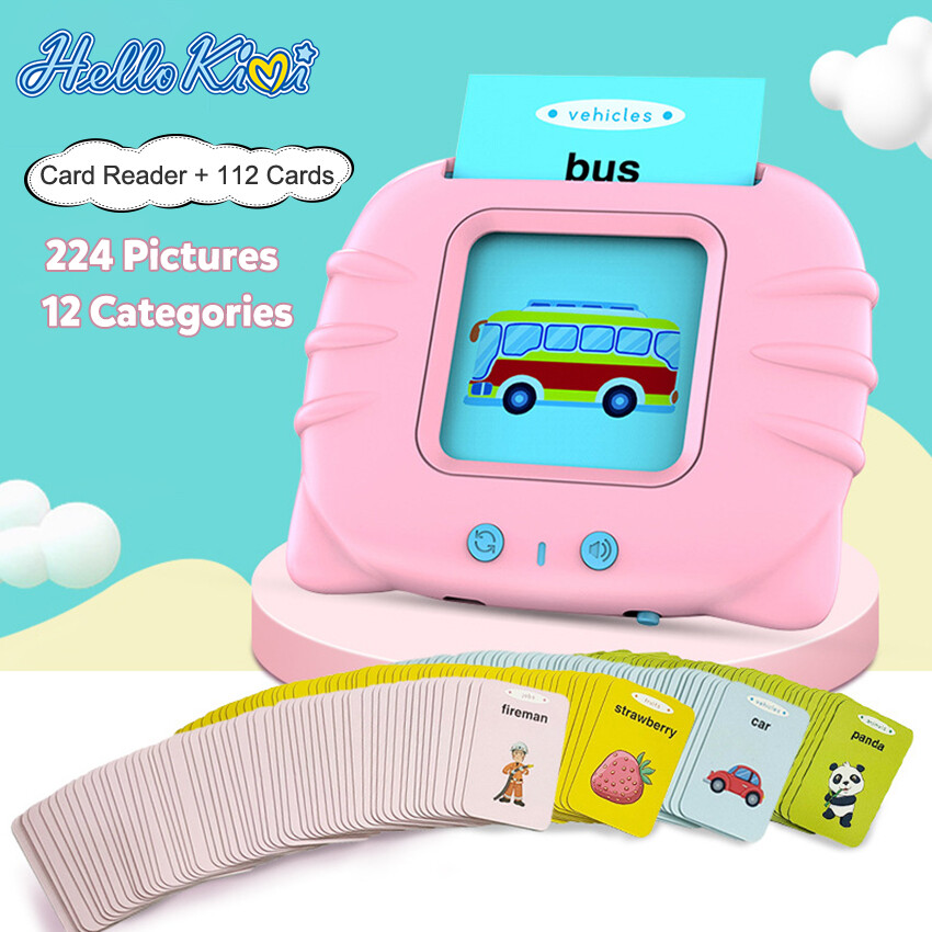 HelloKimi máy đọc thẻ tiếng anh Máy Đọc Thẻ Flashcard Tiếng Anh Cho Bé- 112 thẻ 224 từ vựng Happu world- Sạc cổng USB không sóng điện từ