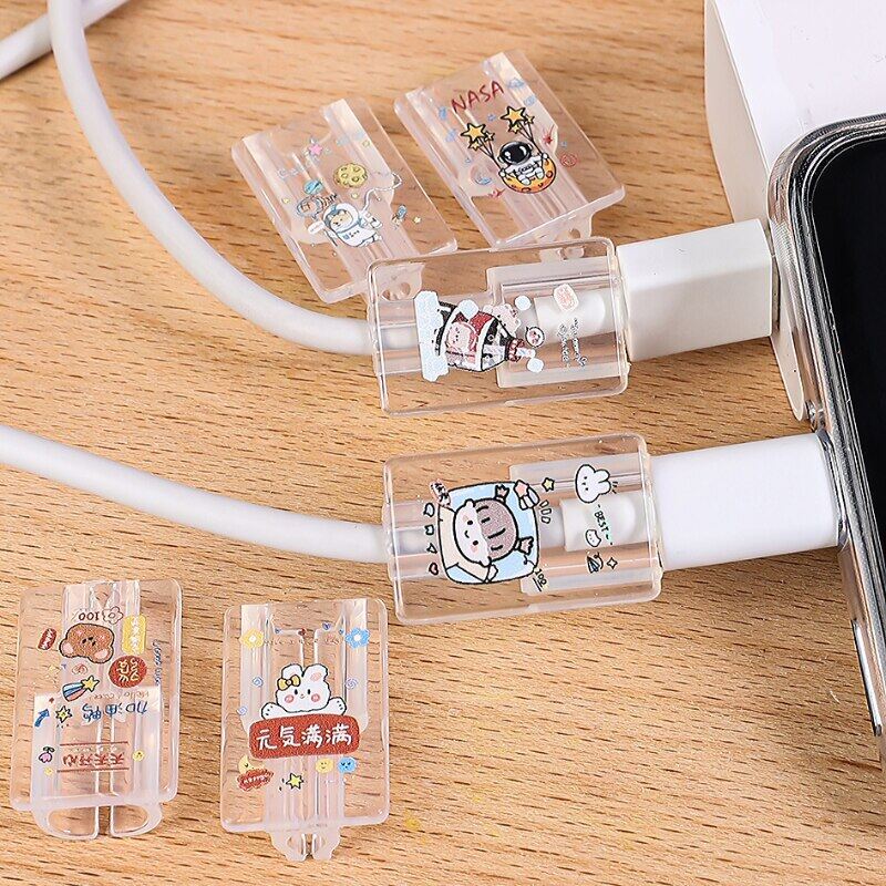 Ốp bảo vệ cáp dữ liệu trong suốt hoạt hình dễ thương có kẹp tương thích với iphone vỏ bảo vệ dây dữ liệu sạc