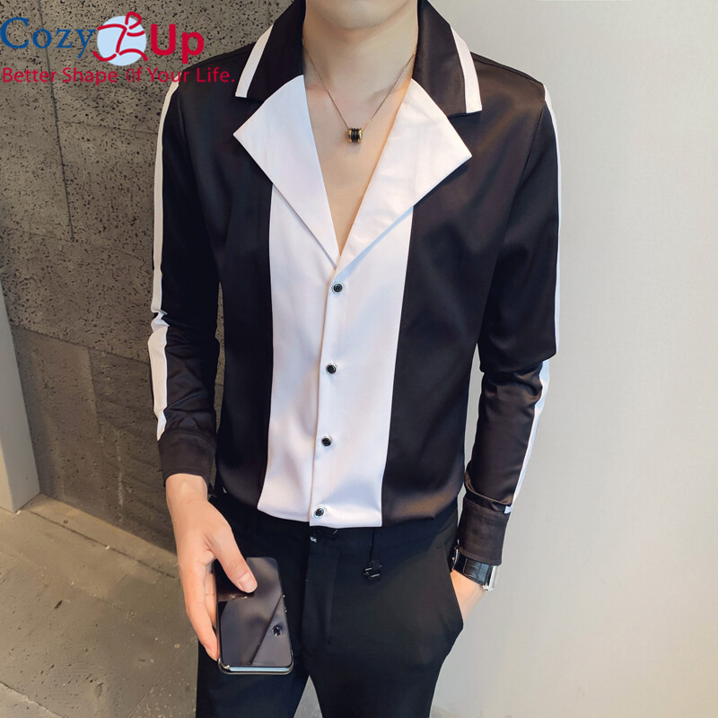 Áo Sơ Mi Nam Dài Tay Cozy Up, Cổ Chữ V, Dáng Ôm, Nối, Phong Cách Dạo Phố, Mặc Đi Tiệc, Câu Lạc Bộ Đêm, Đi Tiệc, Xã Hội