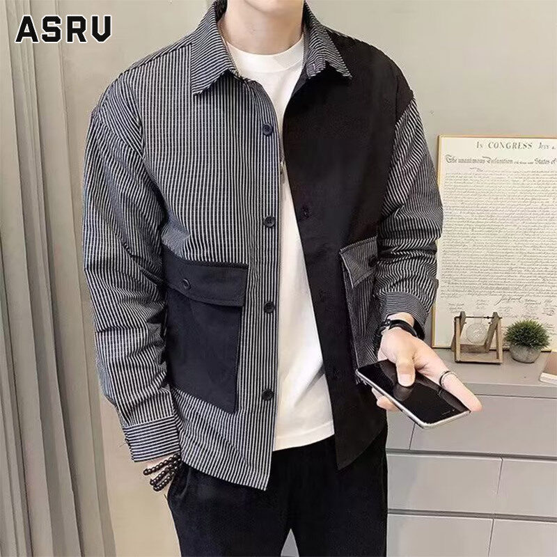Asrv áo sơ mi áo nam áo boy phố áo sơ mi nam boypro áo sơ mi sọc dài tay áo khoác nam đẹp trai có túi lớn