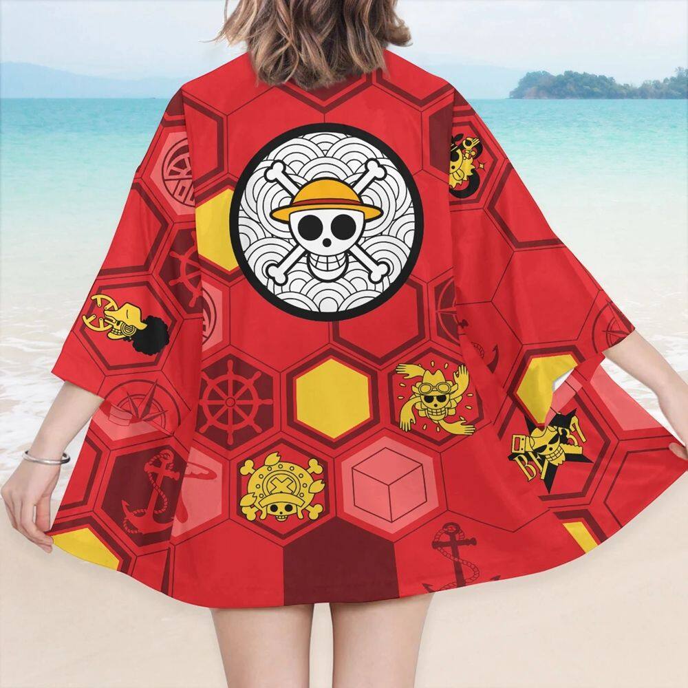 SYCPAT Vui Phụ nữ Áo Kimono Trang phục Thiết Lập Màu đỏ Khỉ D Luffy