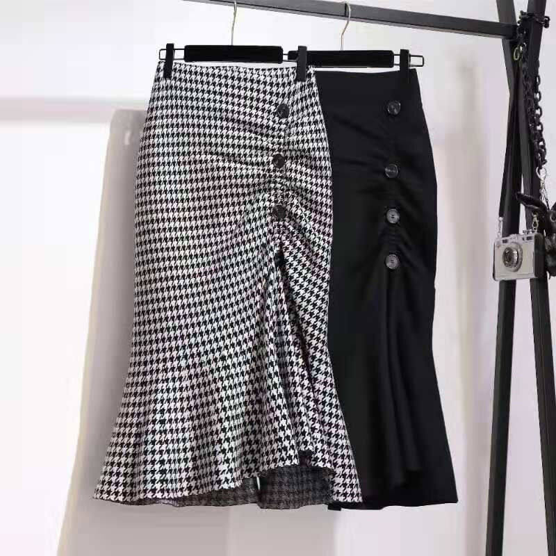 Váy đuôi cá mỏng mùa hè váy tartan dài giữa váy hông váy xẻ eo phong cách phương tây cạp cao cho nữ
