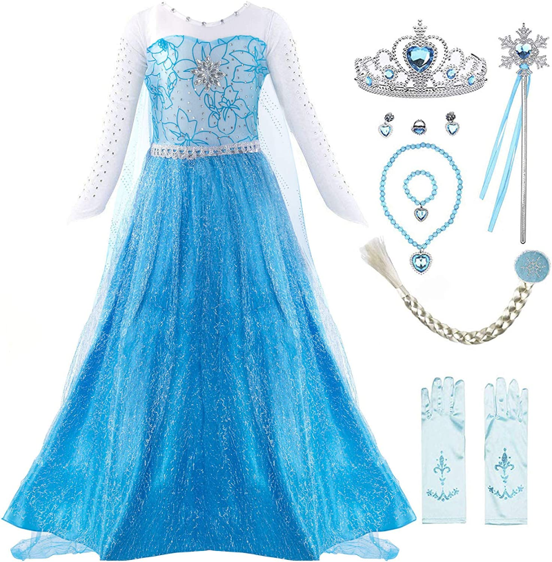 Váy công chúa elsa bé gái trang phục nữ hoàng tuyết elsa trang phục hóa trang halloween 2t-12t màu xanh dương kèm phụ kiện