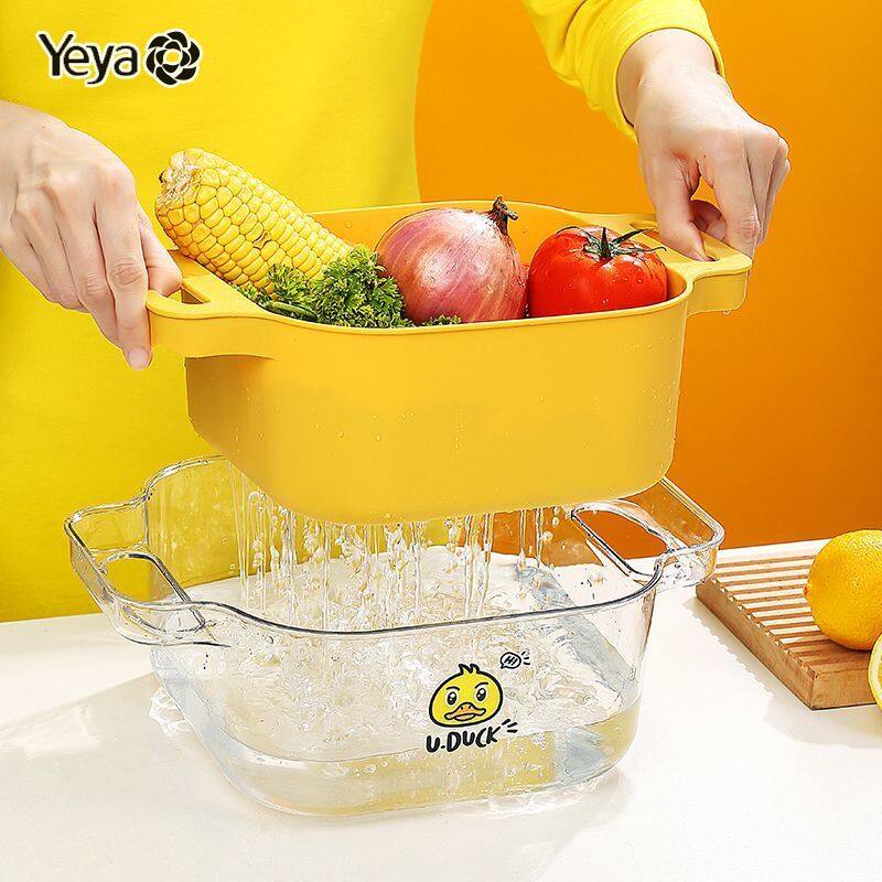 Yeya rổ rửa hai lớp rổ ráo nước chậu rửa nhà bếp rổ đĩa đựng rau củ quả rổ đựng rau củ quả dụng cụ rửa bát con vịt nhỏ màu vàng