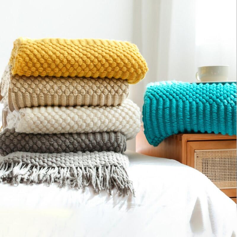 3D Plaid Knitted Blanket Solid Color Embossed Blanket Nordic Decorative