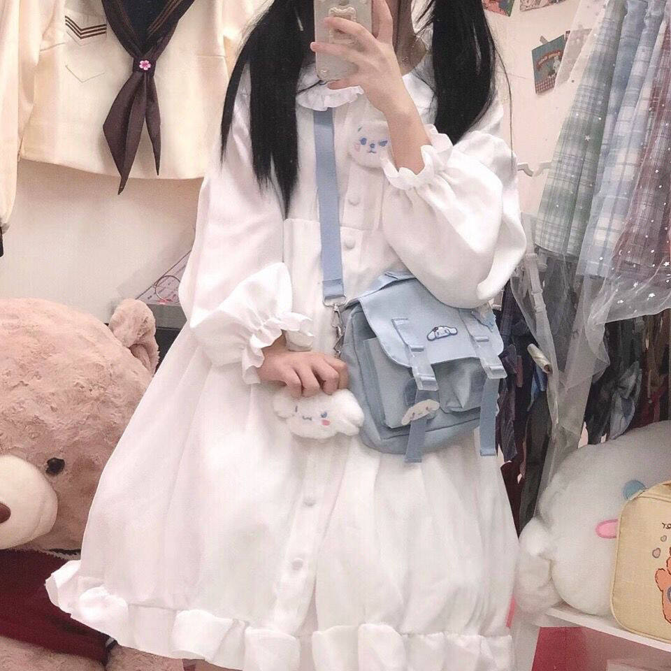 Lolita soft girl fairy dress spring Japanese style soft girl doll collar lace up ruffled dress cute female