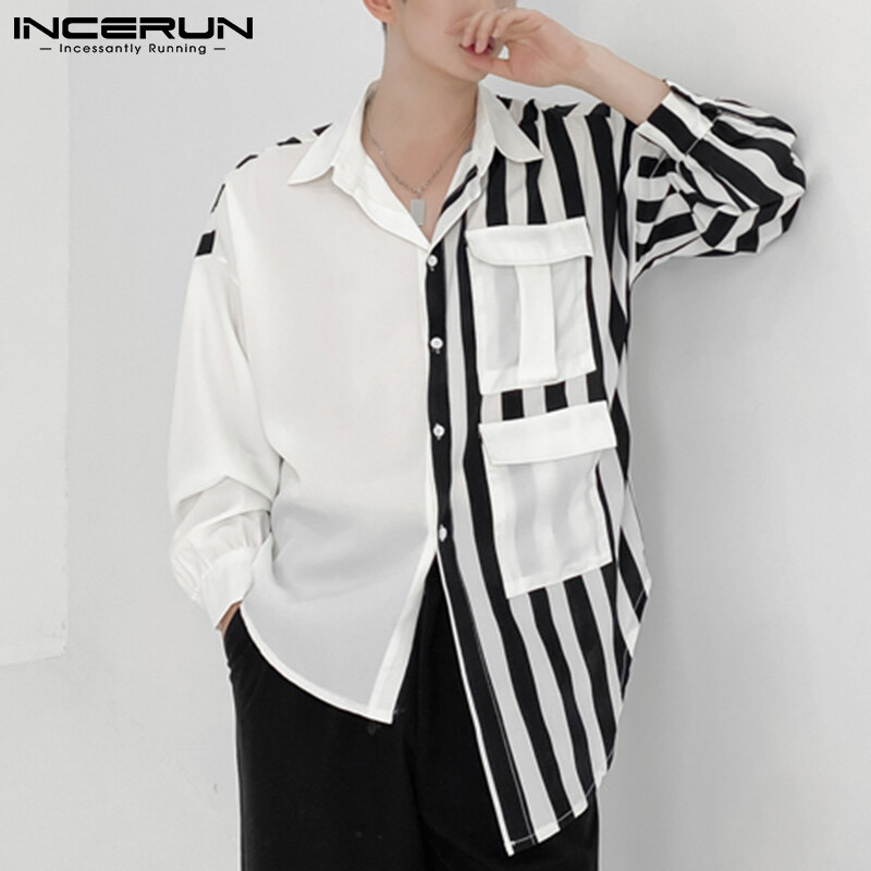 (Phong Cách Hàn Quốc) INCERUN Áo Sơ Mi Kẻ Sọc Dài Tay Cho Nam Áo Thun Túi Hộp Thường Ngày Cài Nút Áo Thun Hippy