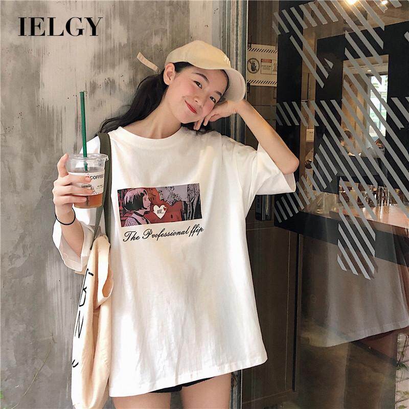 Ielgy áo thun tay ngắn in hoạt hình phong cách hàn quốc rộng cho nữ đều phối
