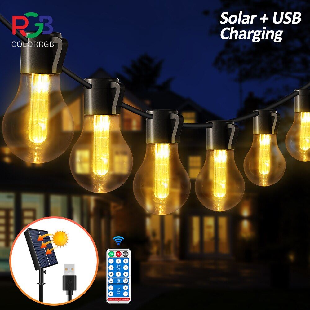 Solar Powered Outdoor St Lights,Waterproof Patio Lights, 8.7M 20 Edison Bulbs,8 Modes, Remote Control For Cafe, Porch,
