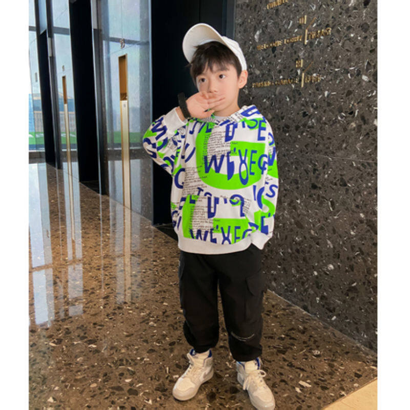 Furry Fatty【Free shopping Miễn phí vận chuyển】Áo Len Có Mũ Cho Bé Trai Chất Béo Có Lông Áo Trẻ Em Mới Mùa Xuân Và Mùa Thu Áo In Chữ Đẹp Trai Cho Bé Trai Trung Niên