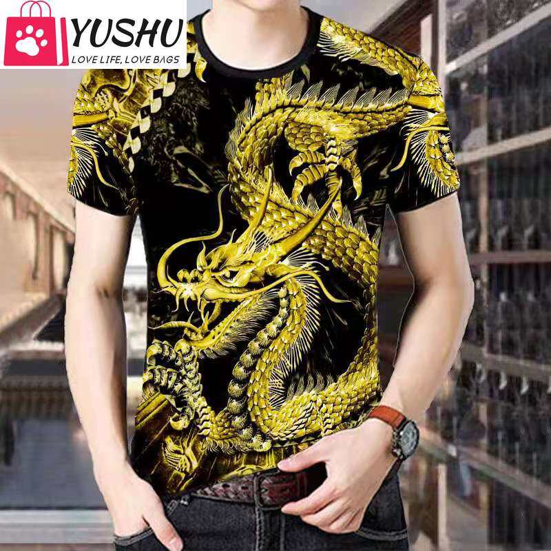 Yushu Áo Thun Cổ Tròn Tay Ngắn In Hình Rồng 3D Phong Cách Trung Hoa Mùa Hè Mới 2021 Cho Nam Áo Trẻ T