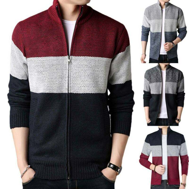Áo Len Dệt Kim Giữ Ấm Mùa Đông Cho Nam Kiểu Color Block Áo Chui Đầu Áo Len Khoác Có Khóa Kéo Kẻ Sọc