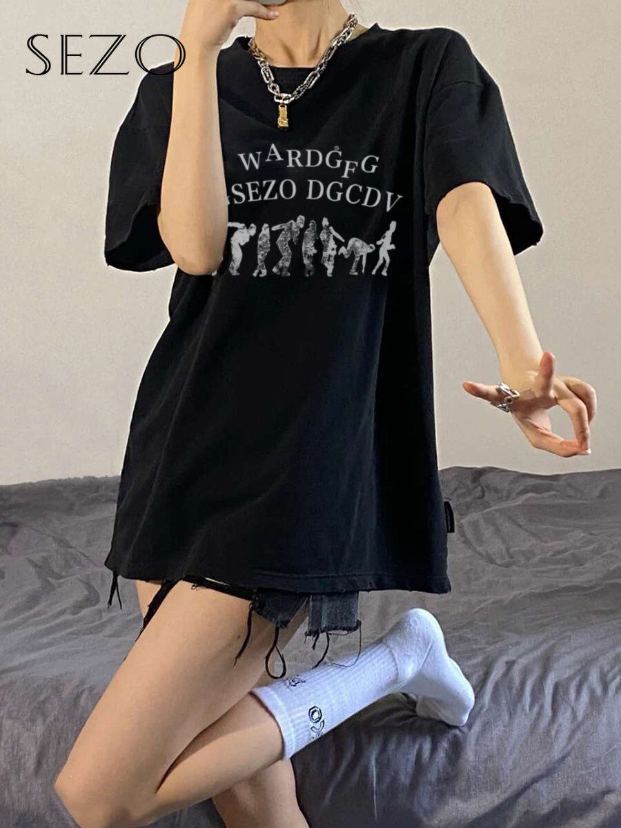 Sezo áo ngắn tay cổ tròn oversize thời trang cho nữ