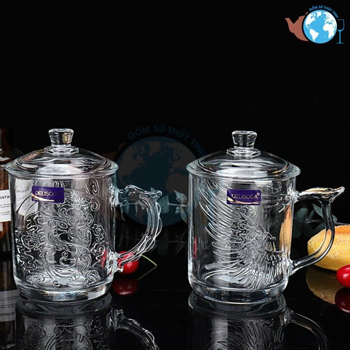 [HCM]SET 2 ly thủy tinh bao gồm ly rồng và ly phụng có quai cầm nắp thủy tinh sang trọng dùng làm quà tặng