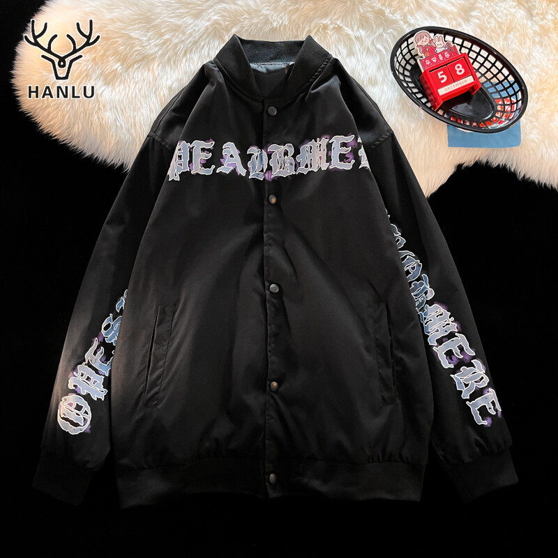Hanlu áo khoác bóng chày mỏng áo khoác bomber cổ tròn áo khoác in chữ cái đường phố chiên