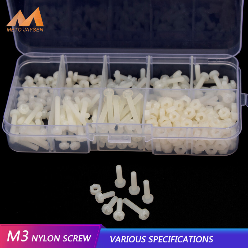 320 chiếc bu lông vít phillips bằng nylon m3 bộ vòng đệm đai ốc lục giác bộ các loại vít nhựa màu trắng m3nlb198