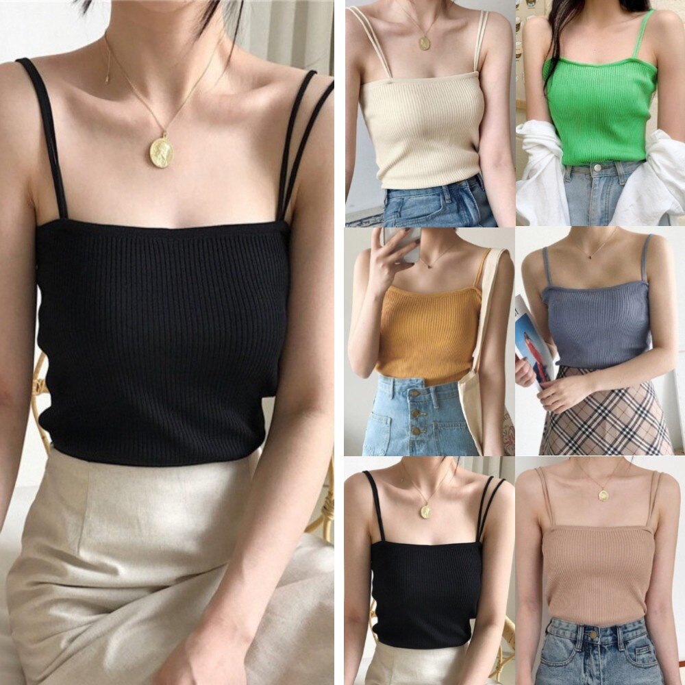 Odetteli áo hai dây dệt kim cho nữ màu trơn co giãn vải cotton mỏng pha trộn mùa hè