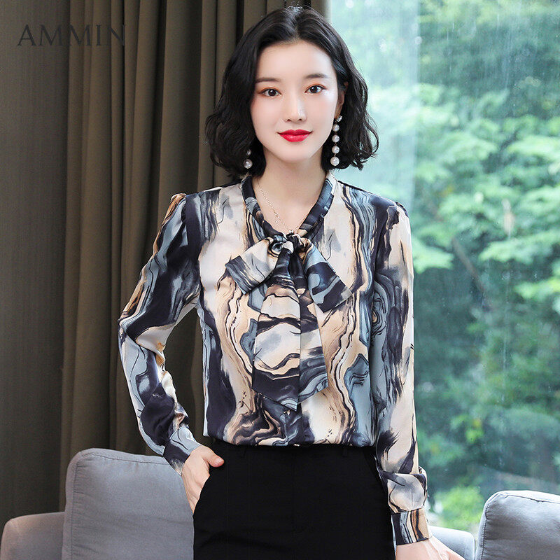 Tay Áo Dài Lụa AMMIN Vải Satin In Cho Nữ Áo Blouse Thời Trang Sơ Mi Ruy Băng Dáng Ôm Áo Hoa Thường Ngày Thời Trang Cho Nữ
