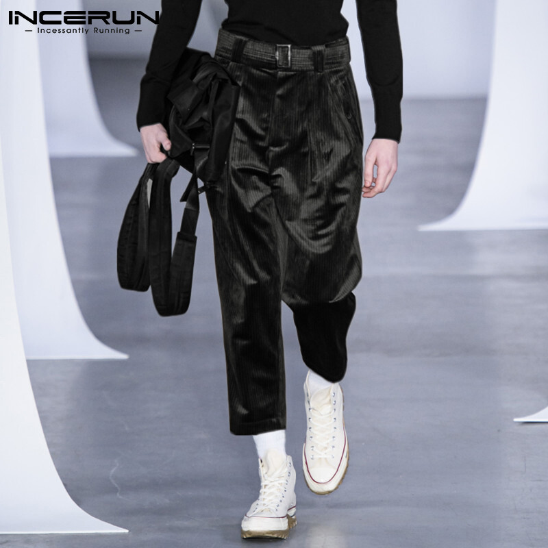 (Phong Cách Phương Tây) Nam Hiệu INCERUN Quần Vải Nhung Kẻ Quần Retro Quần Quần Legging Rộng Harem Ống Suông Quần Đáy