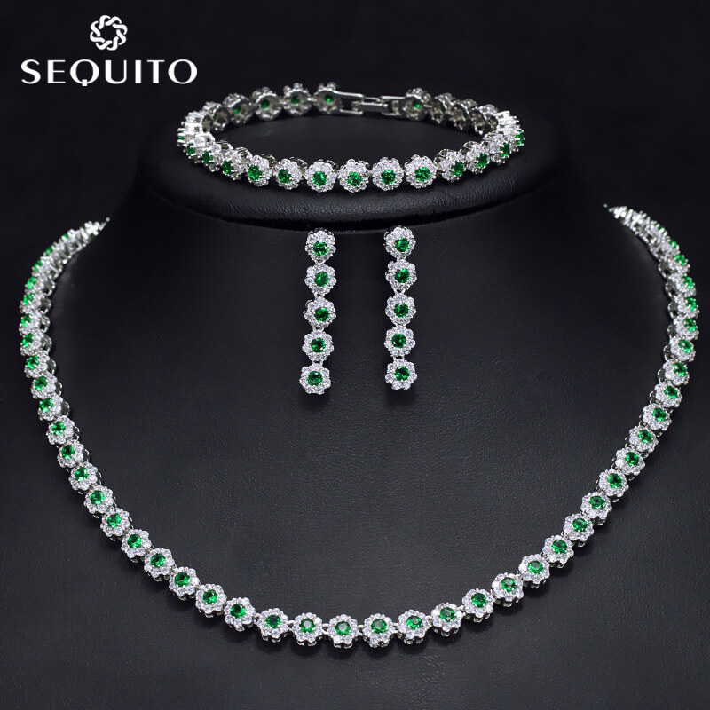 Bộ trang sức 3 món thời trang mạ vàng trắng 18k sequito chất lượng cao dát hình lập phương hoa tai zirconia sang trọng bộ vòng cổ và vòng tay cho tiệc cưới sj-100