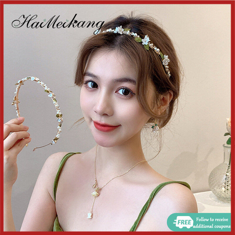 Haimeikang băng đô ngọc trai hình lá hoa kim loại băng đô thời trang đính đá pha lê phụ kiện tóc cho nữ