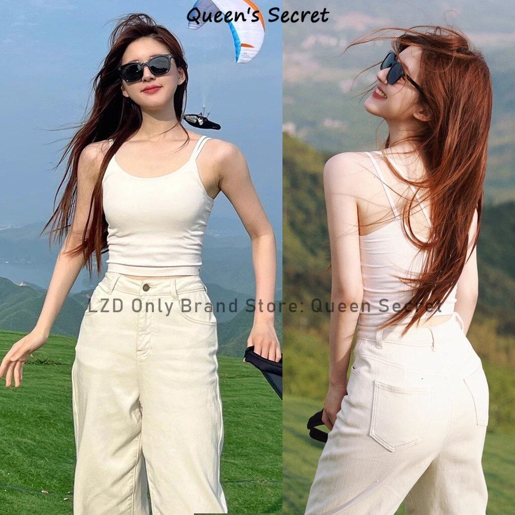 [Queen's Secret] Cross Back Camisoles, Women with breast pad Sling, cotton fixed cup short top, black/white/grey crop top