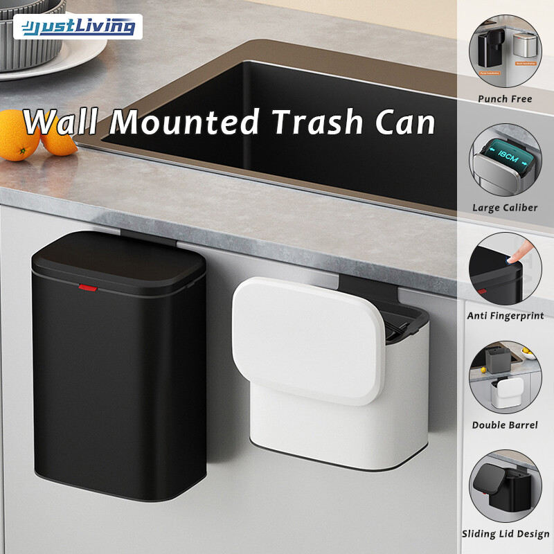 Justliving 1 cái thùng rác treo tường 4/8L Thùng rác Thùng Rác Treo tủ bếp gia dụng bằng thép không gỉ Thùng rác phân loại sáng tạo có nắp thùng rác THÙNG RÁC TREO TƯỜNG