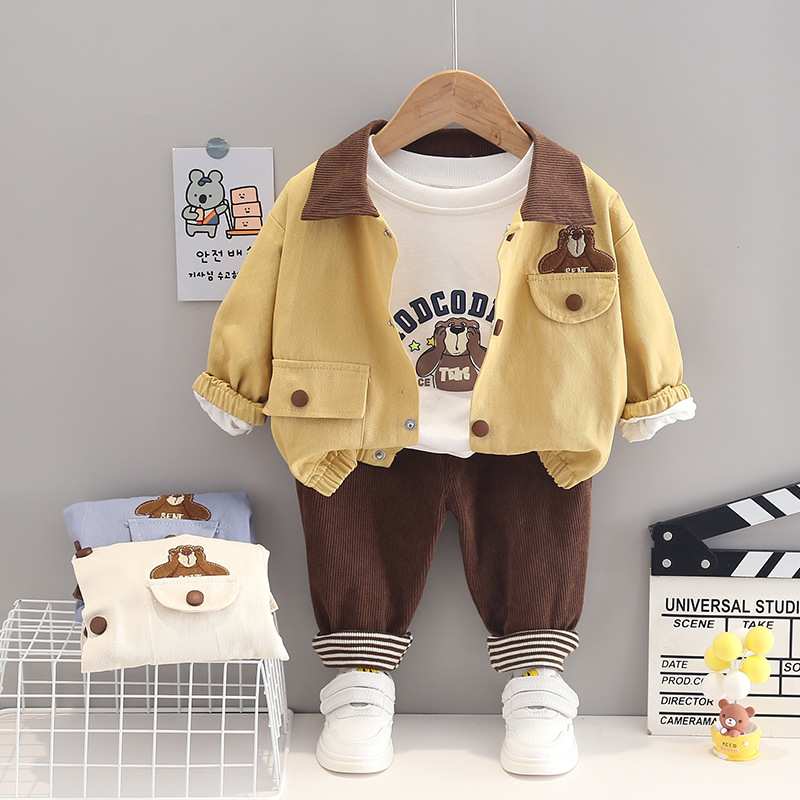 [In Stock] 3PCS Bear Boys Long Sleeve Jackets & Coats Two Piece Kids Corduroy Jacket Pants Three Piece ราคา  477 บาท*ส่งฟรี