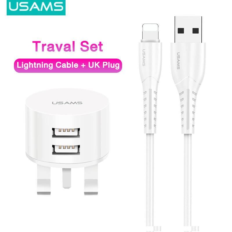 USAMS Lightning Charger Set for traval Dual USB Port  Lightning charger cable + Charger Plug for iPhone 6/7/8 iPhone X XR/iPhone 11/iPhone12