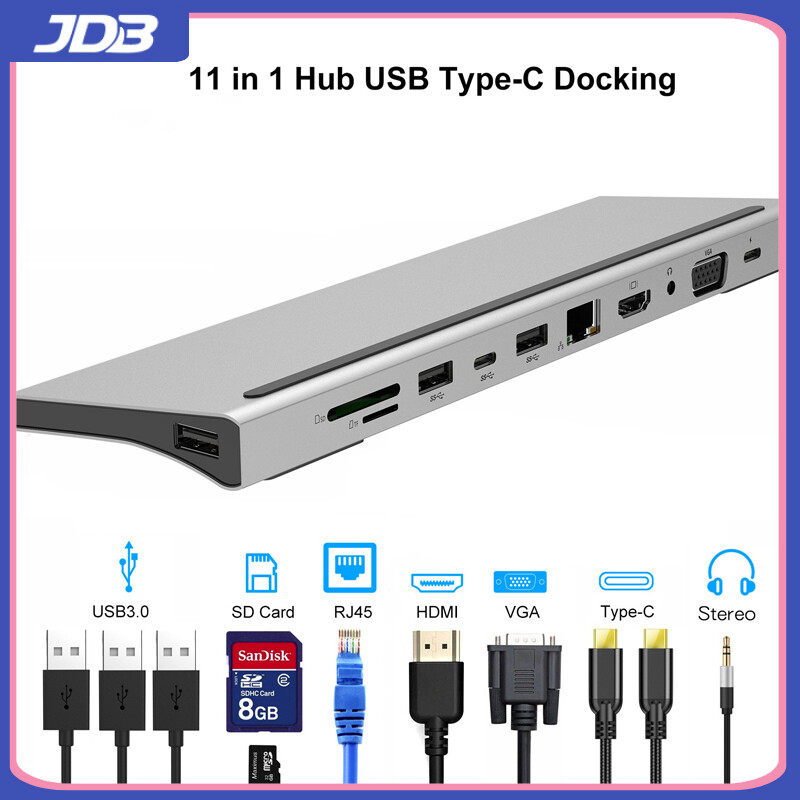 JDB Hub USB 11 Trong 1 Loại C Đến 3.0 Sạc Nhanh PD87W, Đầu Đọc Thẻ, HDMI, 4K, RJ45, VGA, USB, HUB Cho MacBook, Máy Tính Bảng, Máy Tính Xách Tay, Phụ Kiện Máy Tính Để Bàn, Bộ Chia USB