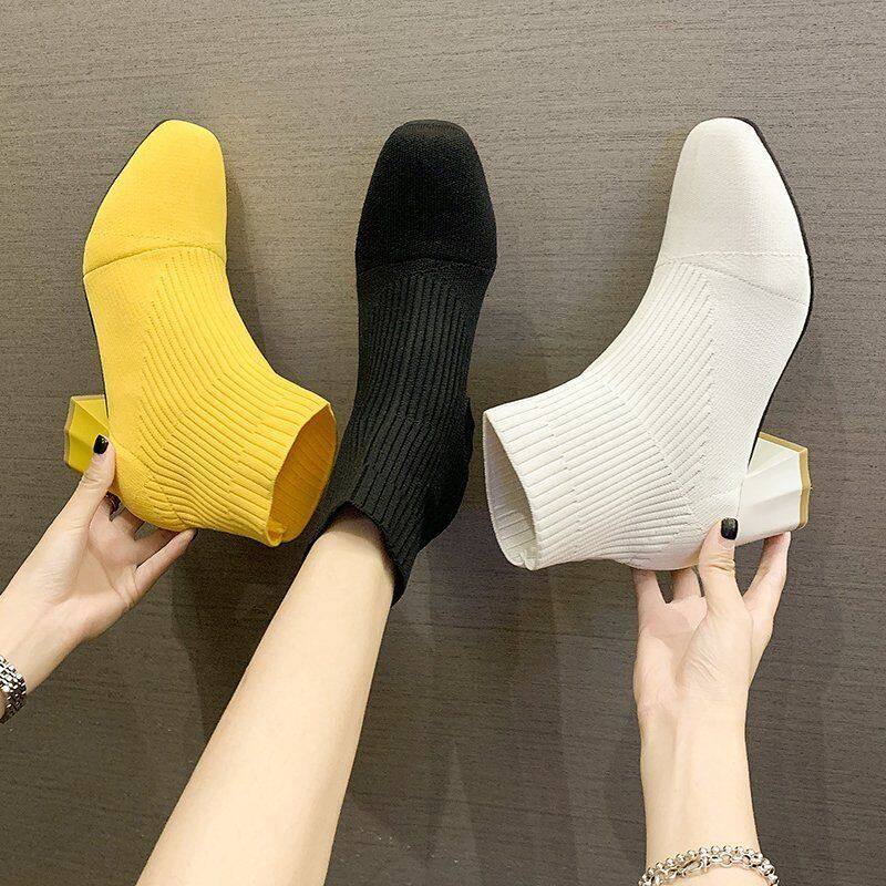 Bốt tất dệt kim co giãn bốt nữ xỏ ngón màu trơn bốt cao gót siêu cao gót giày bốt nữ thời trang