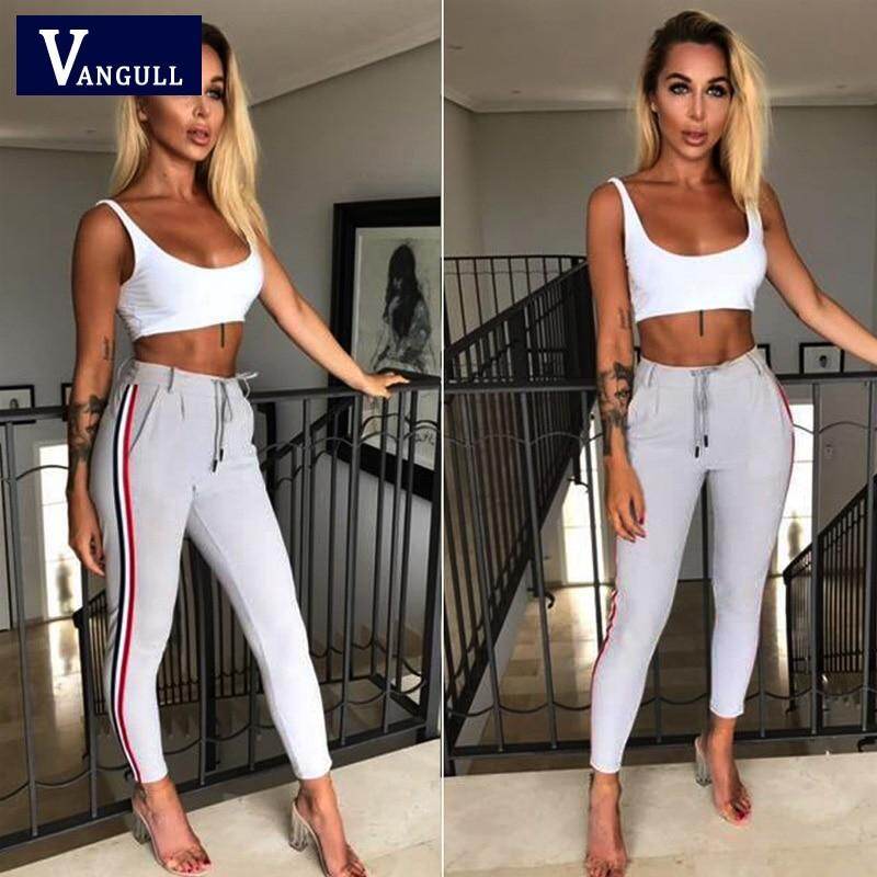 สบายๆกางเกงผู้หญิง Leggings ผู้หญิงแถบด้านข้างสูงเอวขนาดกลางกางเกงรัดรูปใหม่ Drawstring ถักที่เป็นของแข็งกางเกงขายาวยืดได้