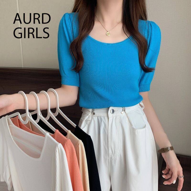Áo Len Dệt Kim Lụa Lạnh Tay Phồng Cổ Vuông Hàn Quốc Phong Cách Mới Mùa Hè Áo Thun Ngắn Tay Mỏng Cho Nữ