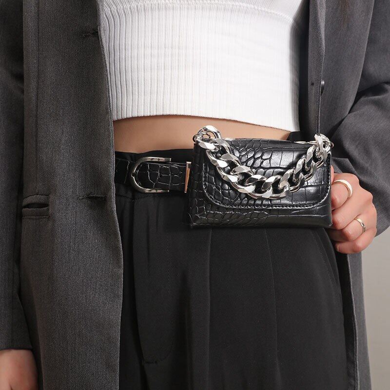 Fashion New Model Square Trend Women Crocodile Fanny Pack Stylish PU Leather Waist Shoulder Bag All Purse With Metal Chains