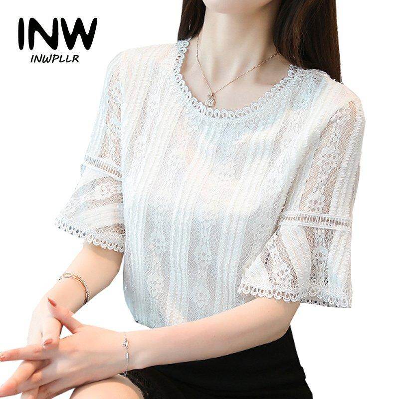 Áo Thời Trang Nữ INWPLLR Áo Cánh Áo Sơ Mi Áo Ren Khoét Lỗ Phong Cách Hàn Quốc Áo Cánh Tay Loe Mùa Hè Áo Sơ Mi Nữ Cổ Tròn Thường Ngày, Nữ