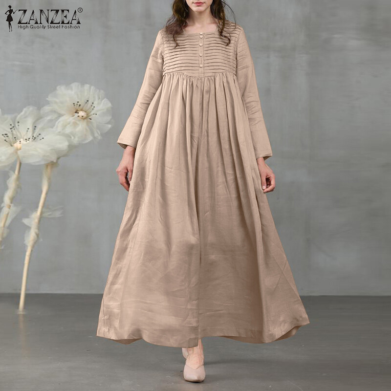 ZANZEA Đầm Maxi Nữ Dài Tay Dáng Suông Cotton Màu Trơn Dáng Rộng Thường Ngày Cộng Với Kích Thước