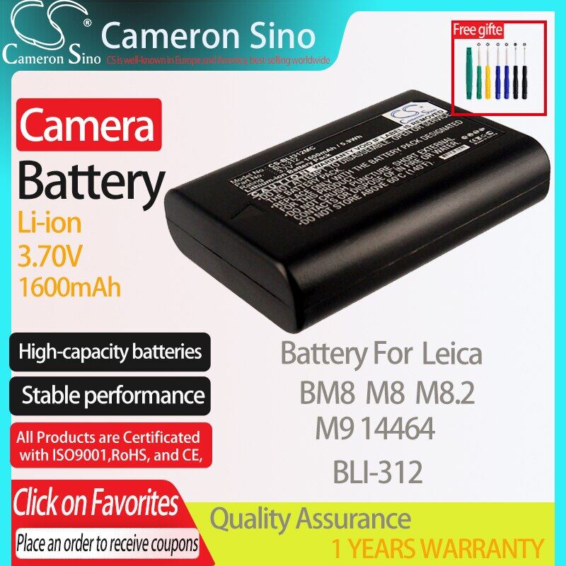 Cameronsino battery for leica bm8 m8 m8.2 m9 14464 fits leica bli-312 camera battery 1600mah 3.70v li-ion black