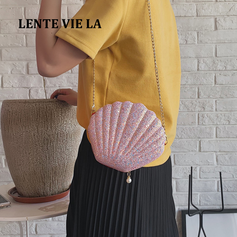 LENTE VIE LA. Nữ Phụ Nữ Little Mermaid Vỏ Sò Ví Đeo Chéo Túi Đeo Vai Sequin Lấp Lánh Dạ Hội Dây Chuyền Đeo Ví Trắng