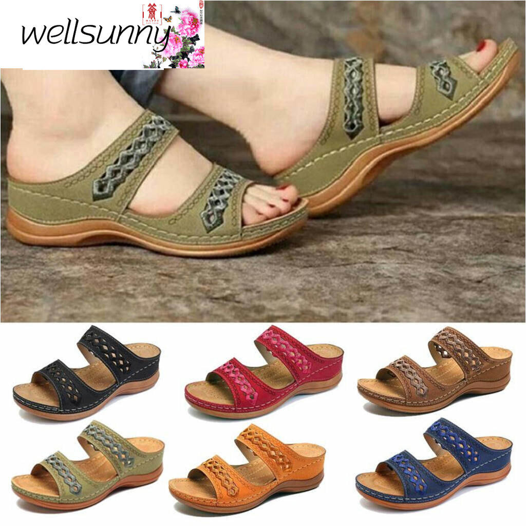 Wellsunny NewRetro Sandal Women Large Size Fish Mouth Embroidered sandals Thick Bottom Wedge Sandals Ladies Casual Slippers