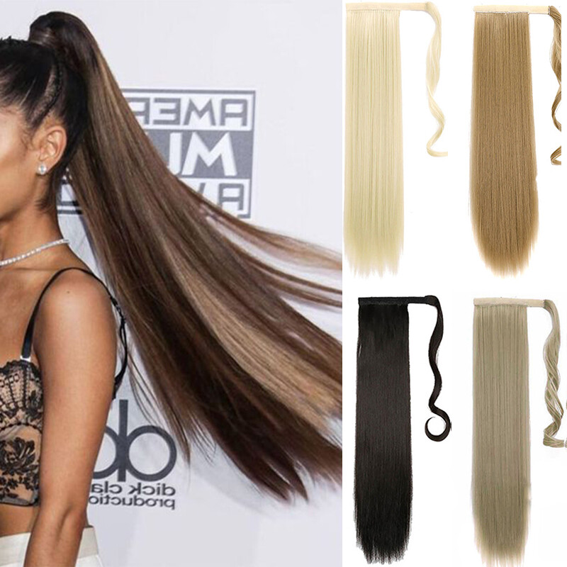  Tóc Đuôi Ngựa Sợi Tổng Hợp Thẳng Dài Quấn Quanh Kẹp Tóc Nối Tóc Màu Đen Tự Nhiên 