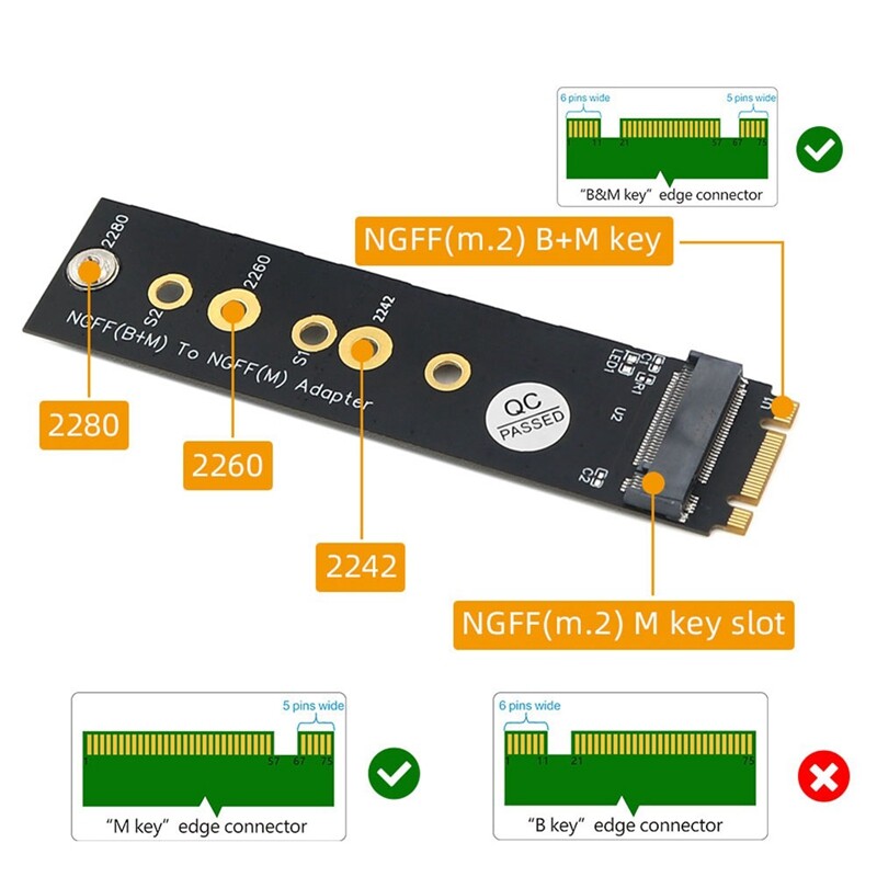 M.2 NGFF Key B+M to Key M Adapter Black M.2 NGFF SSD Adapter for PCI-E Bus