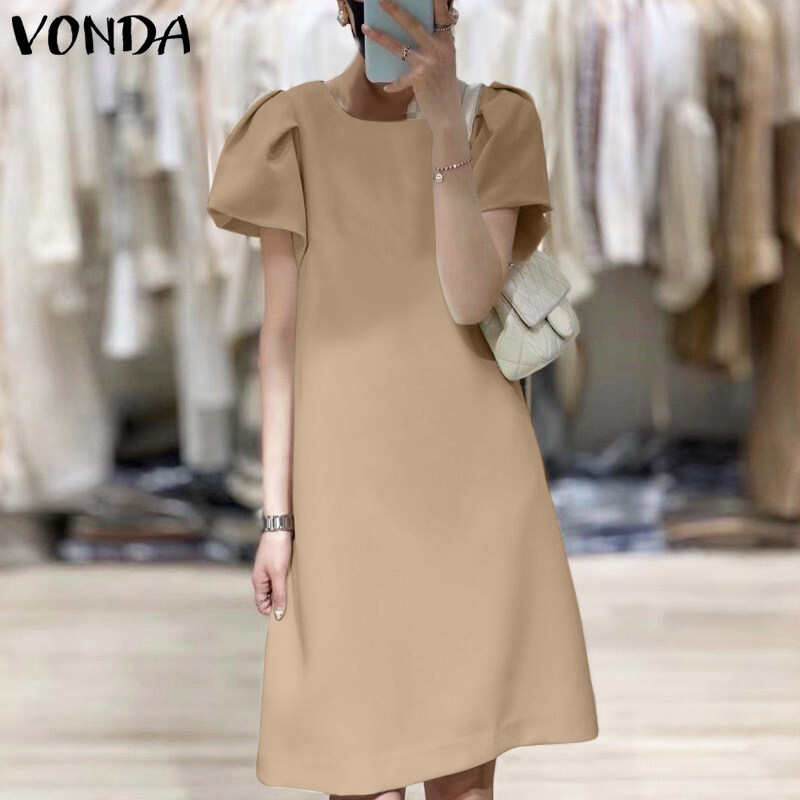 VONDA Women s Business Leisure A-Line Office Puff Sleeve O-Neck Dresses