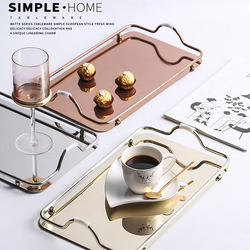 Khay Hình Chữ Nhật Lớn GF Có Tay Cầm, Khay Phục Vụ, Khay Trà Trang Trí Sang Trọng, Trang Trí Bàn Cà Phê, Vàng/Bạc