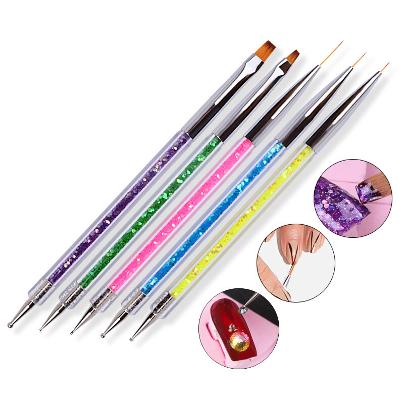 {hot} 5pcs 2 Way Nail Art Brush Liner Gel Nail Art Painting Pens Polish Dotting Pencil Manicure Brush Nail Charms Beauty Tool