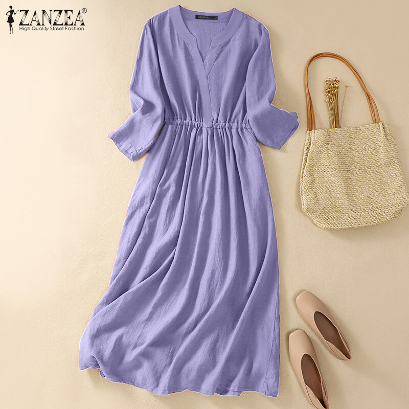 Zanzea đầm sơ mi cổ chữ v tay dài cổ điển cho nữ đầm maxi cotton dáng suông dáng dài thường ngày #2