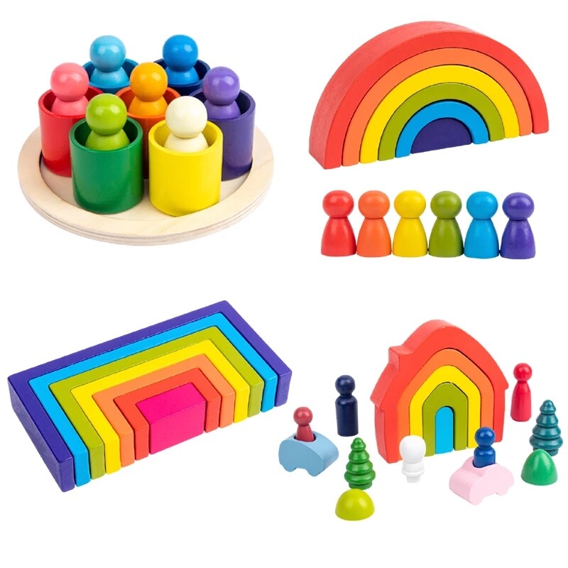 Khối xếp hình màu cầu vồng bằng gỗ giáo dục cân bằng phong cách montessori cho trẻ em - INTL