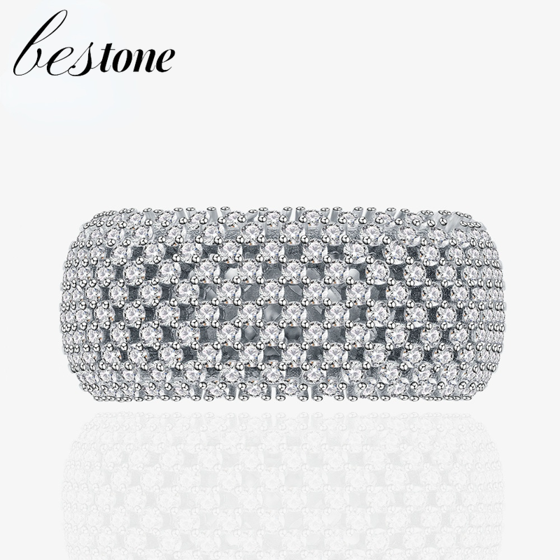 Bestone nhẫn lưới sợi tròn phiên bản rộng hơn đầy kim cương nhẫn bạc 925