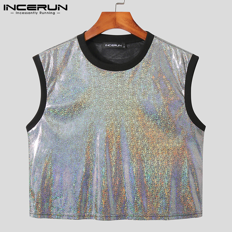 INCERUN Áo Ghi Lê Lấp Lánh Ánh Kim Cho Nam Áo Hở Eo Cổ Tròn Áo Thun Trang Phục Đi Club (Trang Phục Thường Ngày) #3