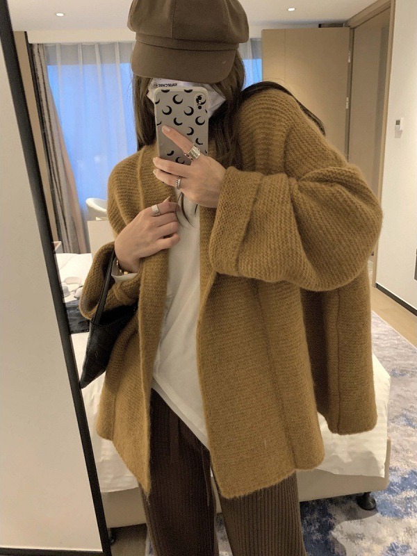 2023 Autumn and Winter New Korean Style Western Style Lapel Lazy Lapel Mid-Length Knitted Cardigan Sweater Coat Women's Top